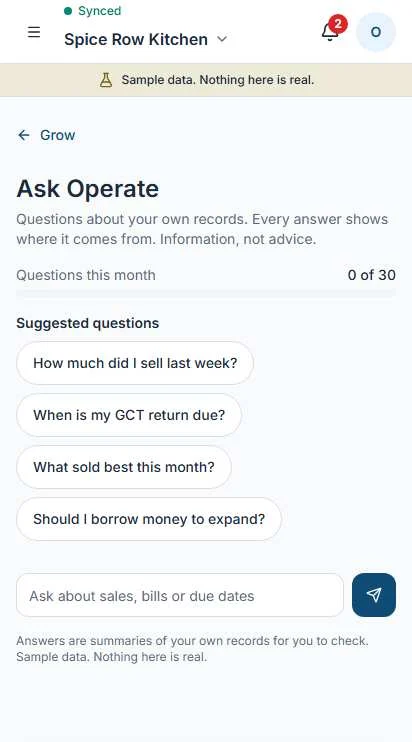 Ask Operate screen with suggested questions such as How much did I sell last week, and a note that answers are summaries of your own records.