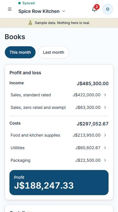 Operate books screen showing profit and loss, cash flow and what the business owns and owes, with sample data