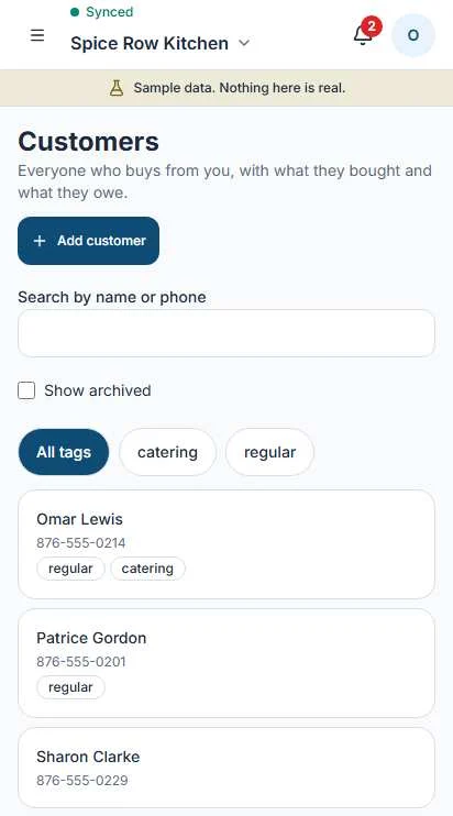 The Customers screen in Operate: a search box, tag filters for catering and regular, and a list of customers with phone numbers and tags.