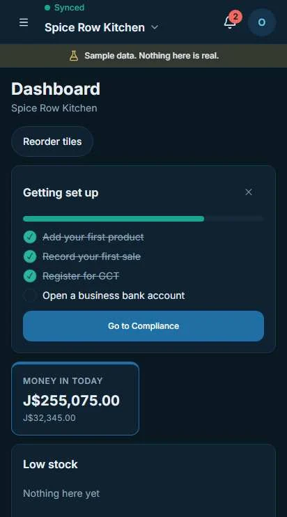 The Operate dashboard in dark mode on a phone, showing sales and deadlines for a sample business.