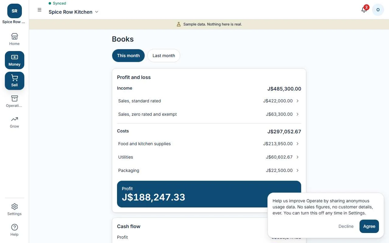 Operate books on a desktop browser showing profit and loss and balance sheet with sample data