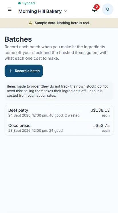 Production on a phone: a recipe with its ingredients and the quantity of finished goods in the batch.