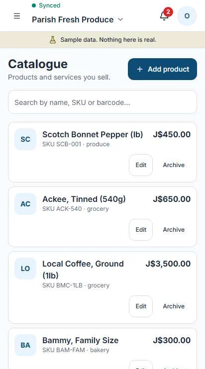 The inventory screen on a phone listing products with the quantity on hand and a low stock marker.