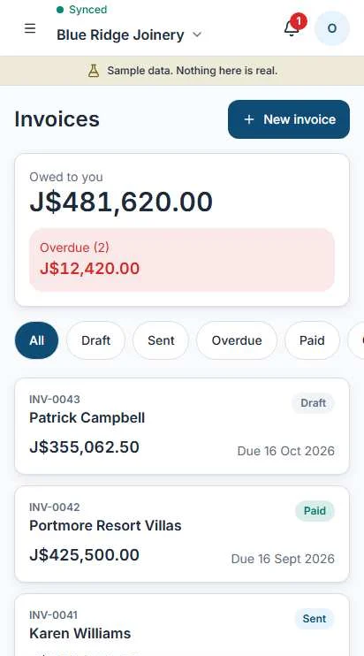 The invoicing screen in Operate listing invoices and their status.