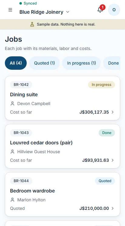 The jobs list on a phone with each job's customer, status and due date.