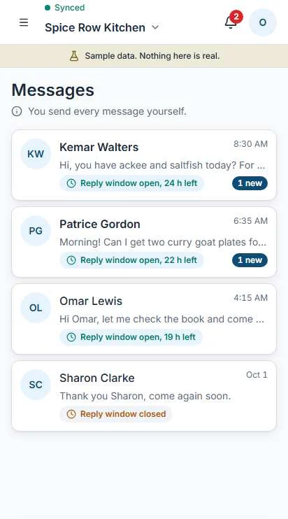 The Messages screen in Operate listing four WhatsApp conversations, three showing a reply window with hours left and one showing the window closed.