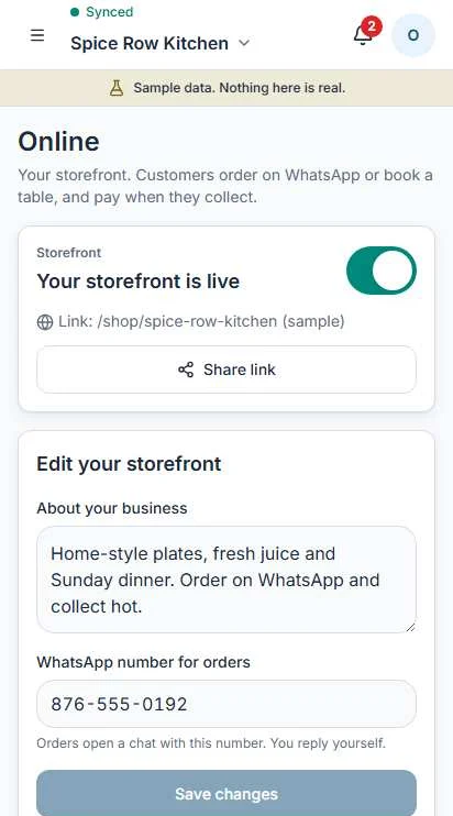 The Online screen in Operate: the storefront is switched on, with a Share link button and a form to edit the business description and WhatsApp number.