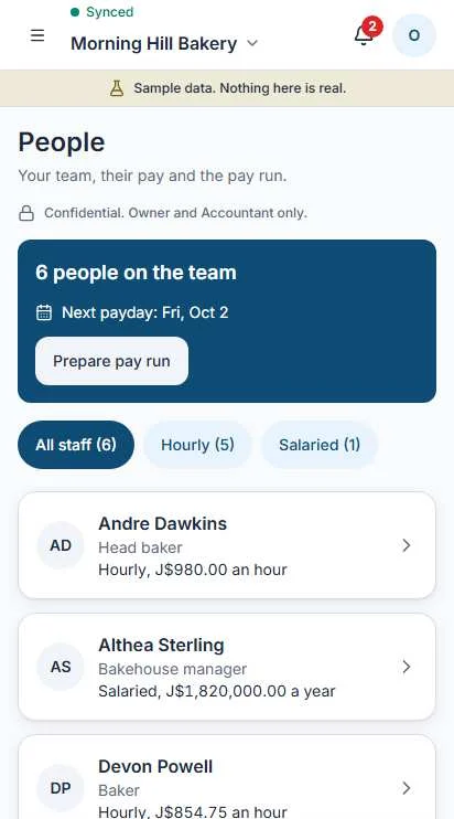 The people screen in Operate showing staff and the next pay run.