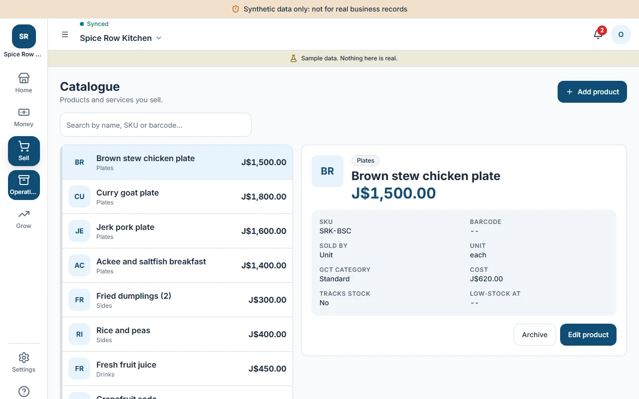 The product catalog on a tablet: a grid of products with names, prices and stock levels.