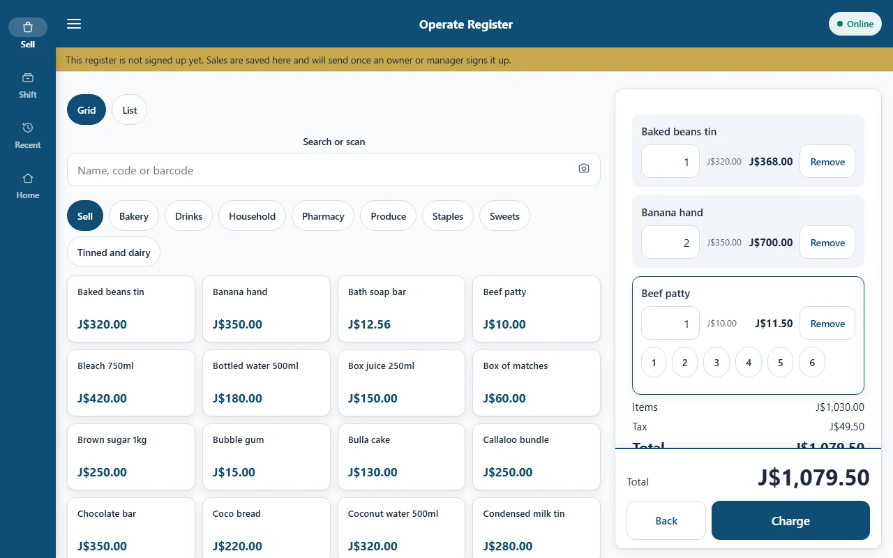 Operate Register on a tablet: a basket of cook shop items with prices in Jamaican dollars and a Take payment button.
