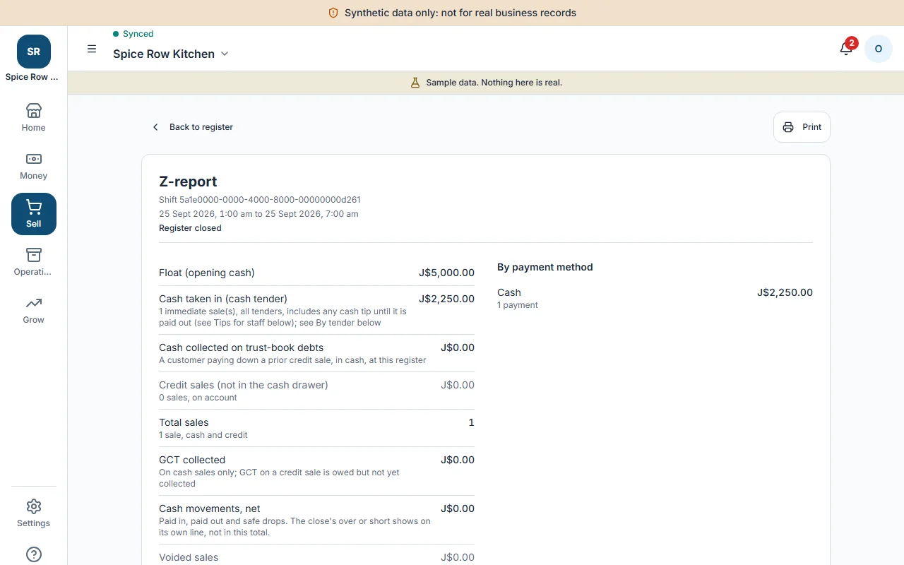 A Z-report on a tablet with totals by payment type and the cash count.